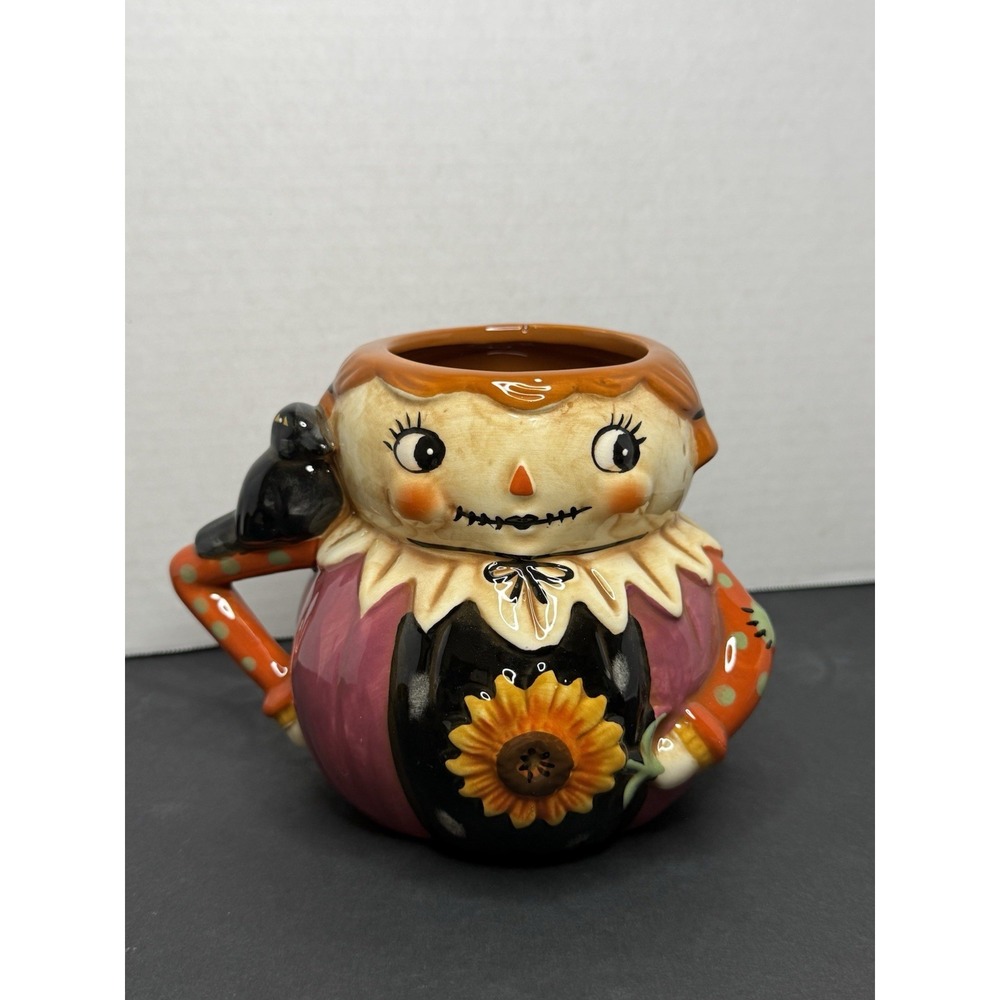 New Johanna Parker Girl Scarecrow w/ Crow Fall Halloween Ceramic Mug HTF Retro
